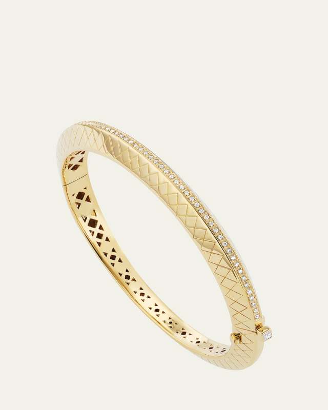 18K Yellow Gold Temple Tile Thin Bangle Bracelet with Diamonds